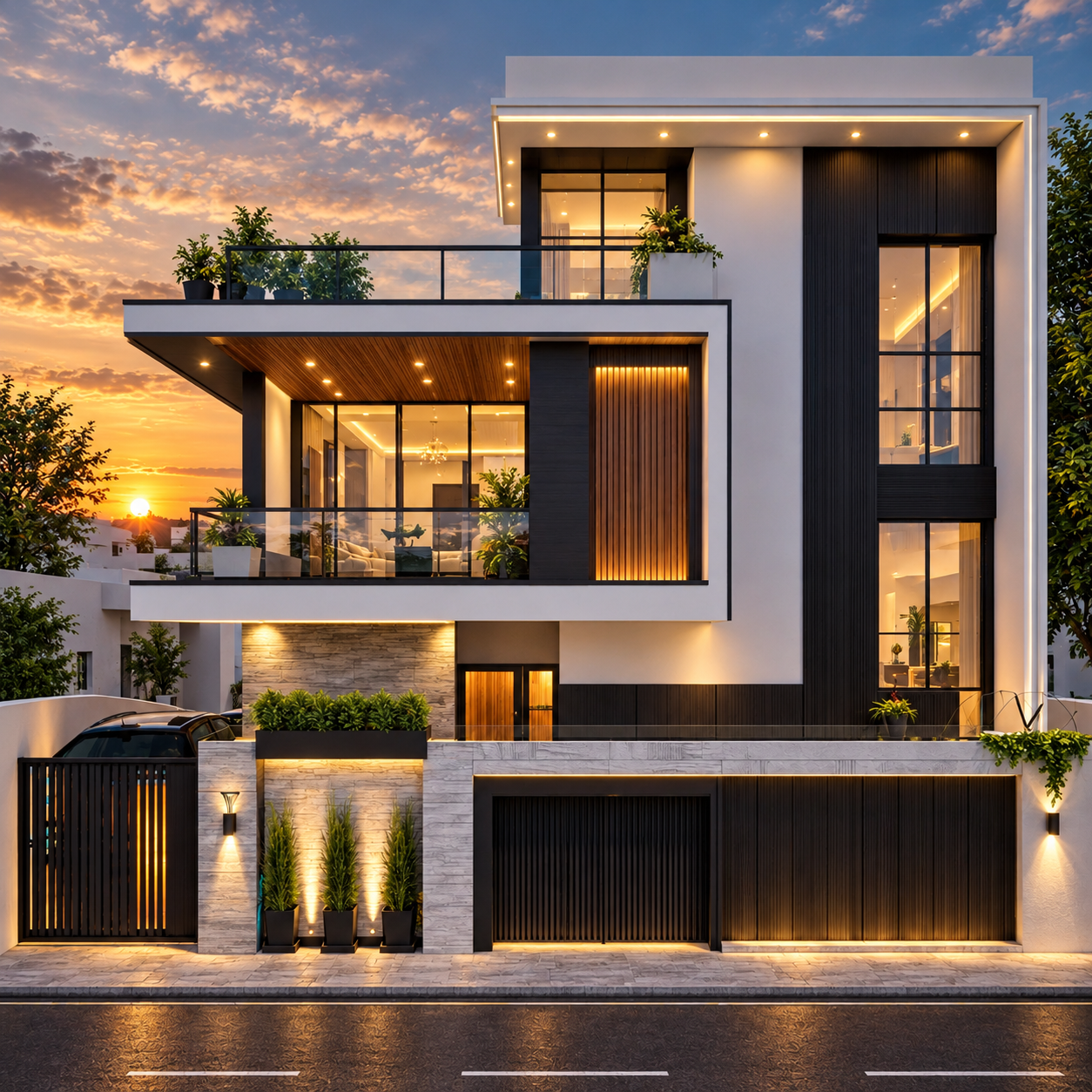 Contemporary three-storey villa with white and charcoal facade, wood accents and glass balconies at sunset